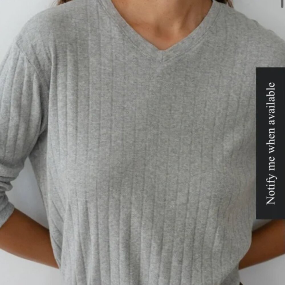 Donni Pointelle Heather Gray V-Neck Long Sleeve - Size Large